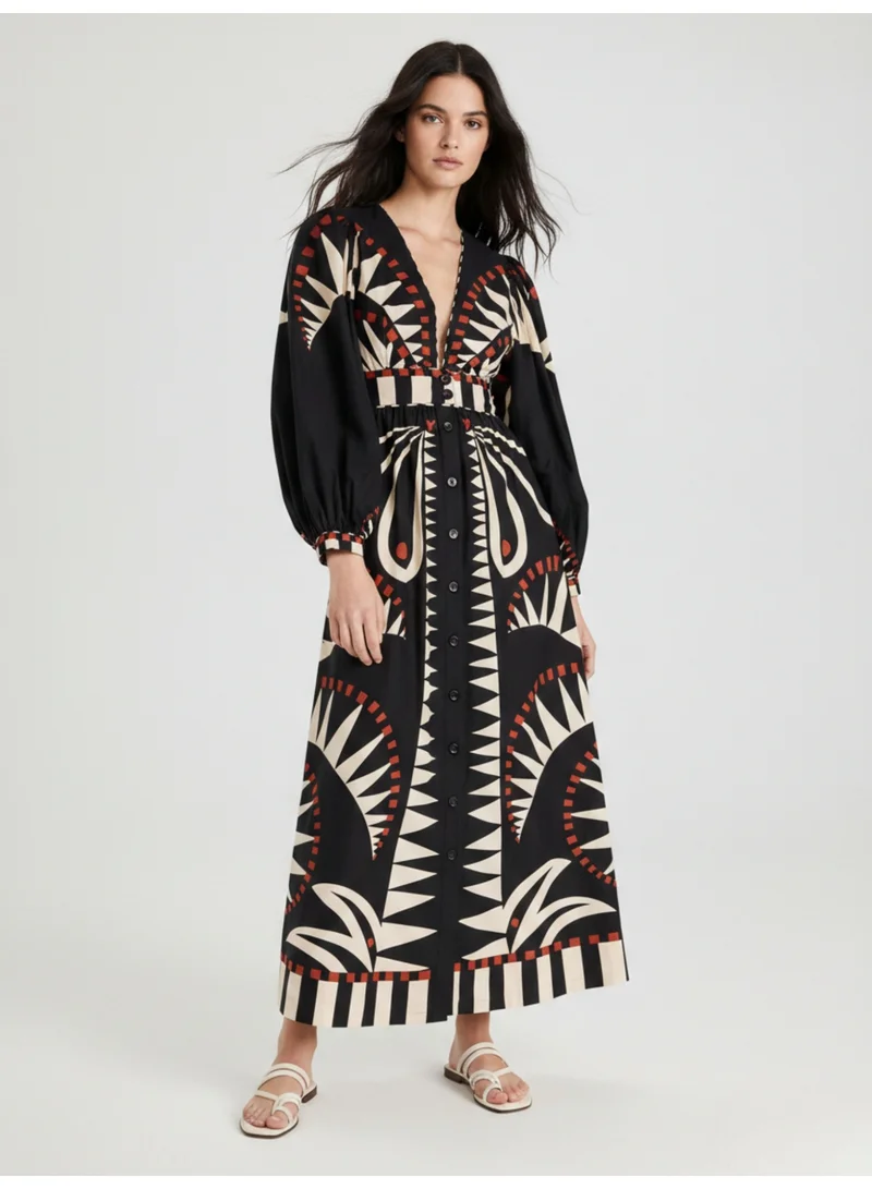 أوجيدر فستان ماكسي بطبعة قبلية سوداء